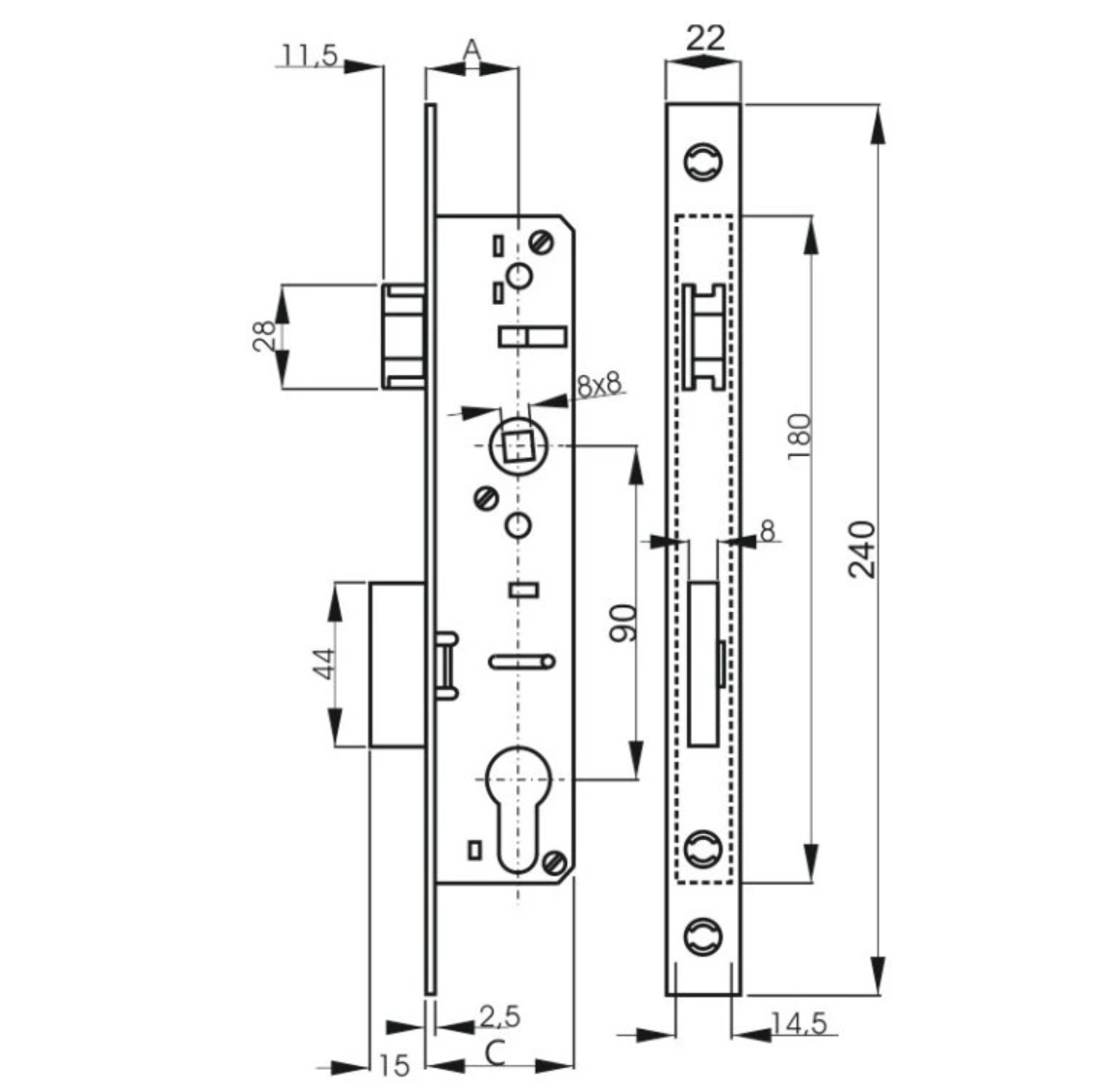 Zylinderschloß für Profil 50x30mm AISI304