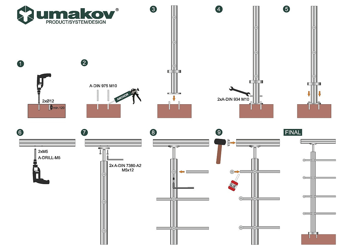 Pfosten, Oberverankerung - auf Treppe AISI304, D42