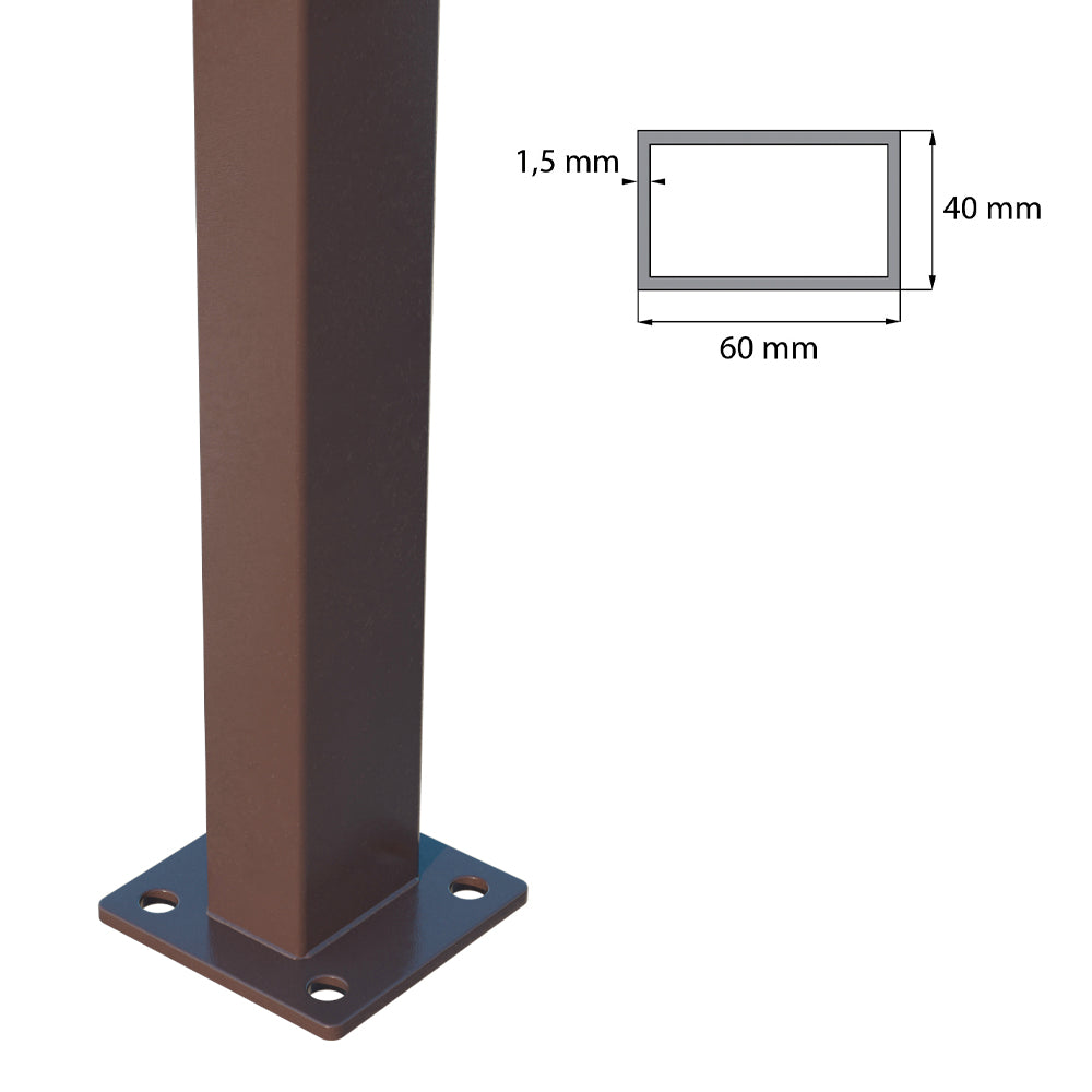 Verzinkter Pfosten 60x40 mm mit Fußplatte und PVC-Kappe, 1800mm - Braun RAL 8017