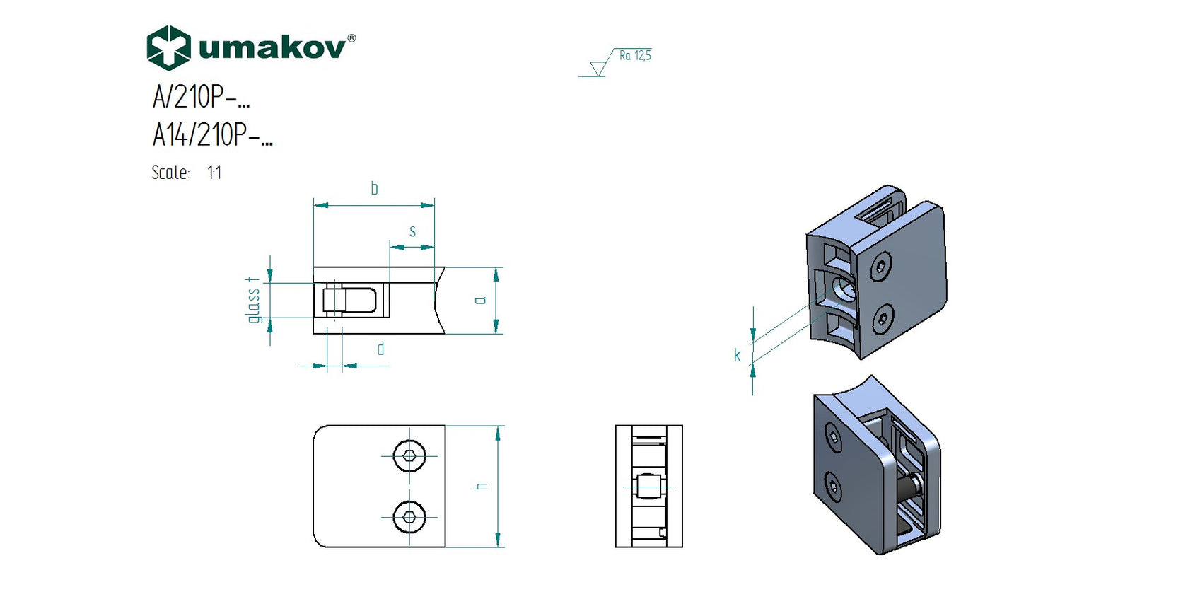 Glashalter Modell 210P  D42,4x2/45x45mm