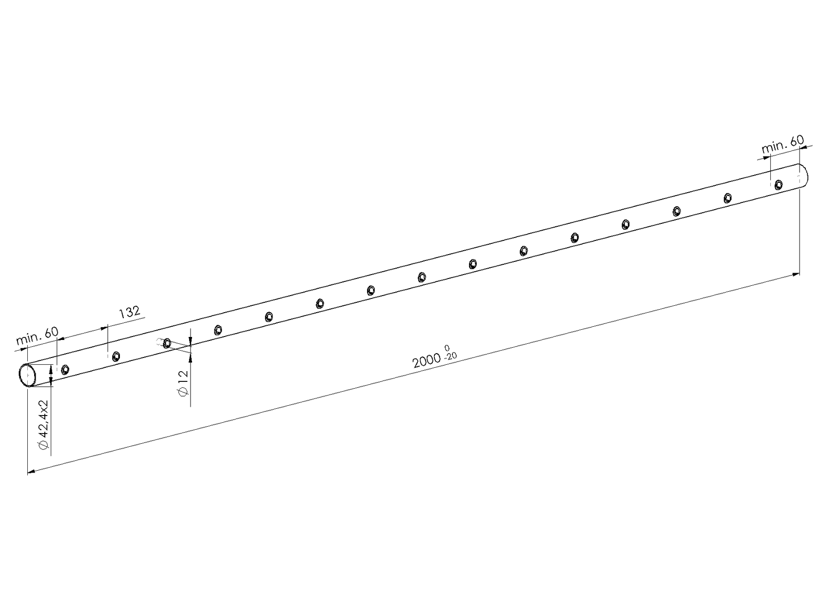 Edelstahlrohr AISI304, D42,4x2/15xd12,5/L1980