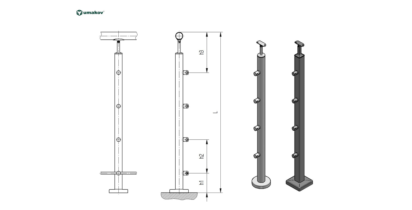 Stĺpik DUB (OAK) D50mm, 4xd12mm, v=90 cm, VK-Schod