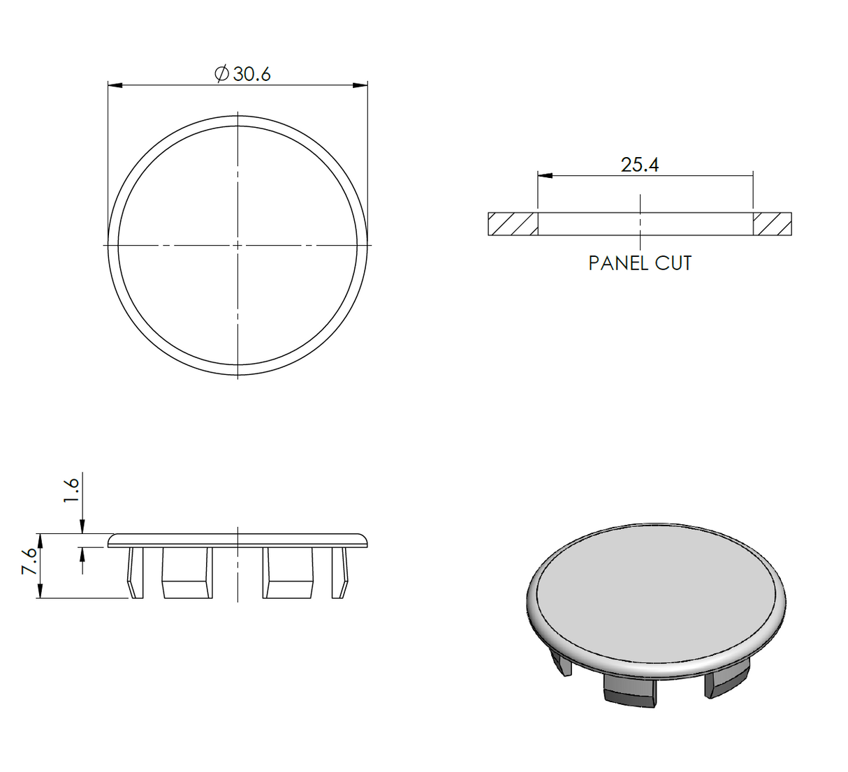 Endkappe für ALU profile, PVC, D25mm