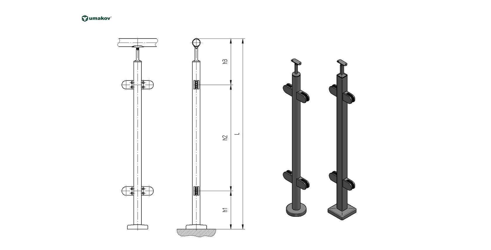 Stĺpik DUB (OAK) D42,4mm, 4xdržiak, v=90cm, VK-rov