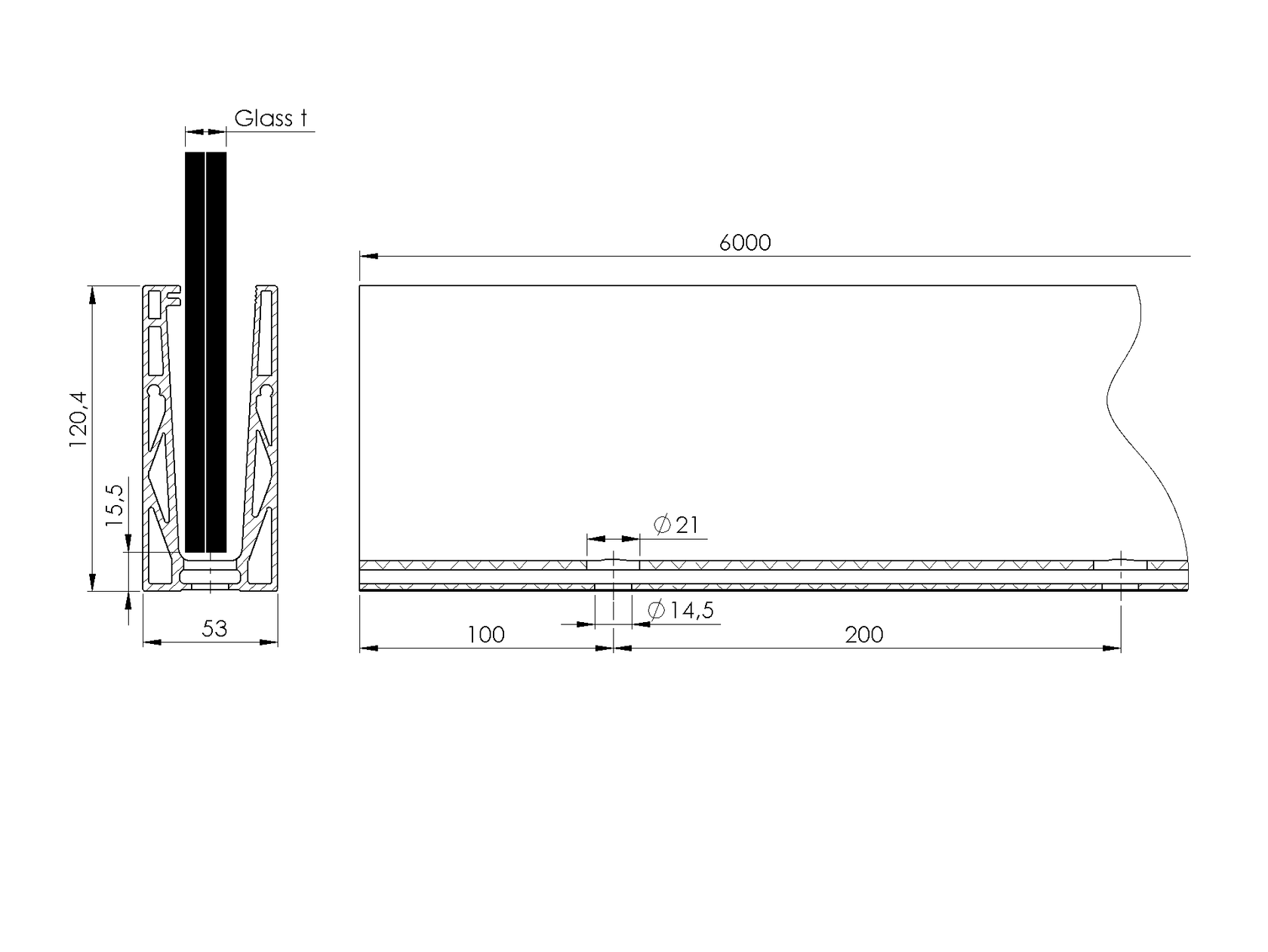 Aluprofil für Ganzglasgeländer - Oberverankerung