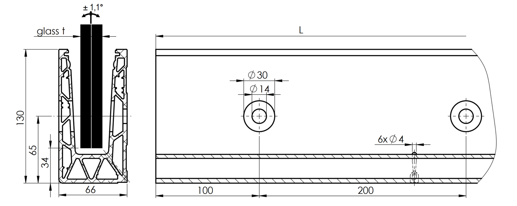 Aluprofil für Ganzglasgeländer - Oberverankerung