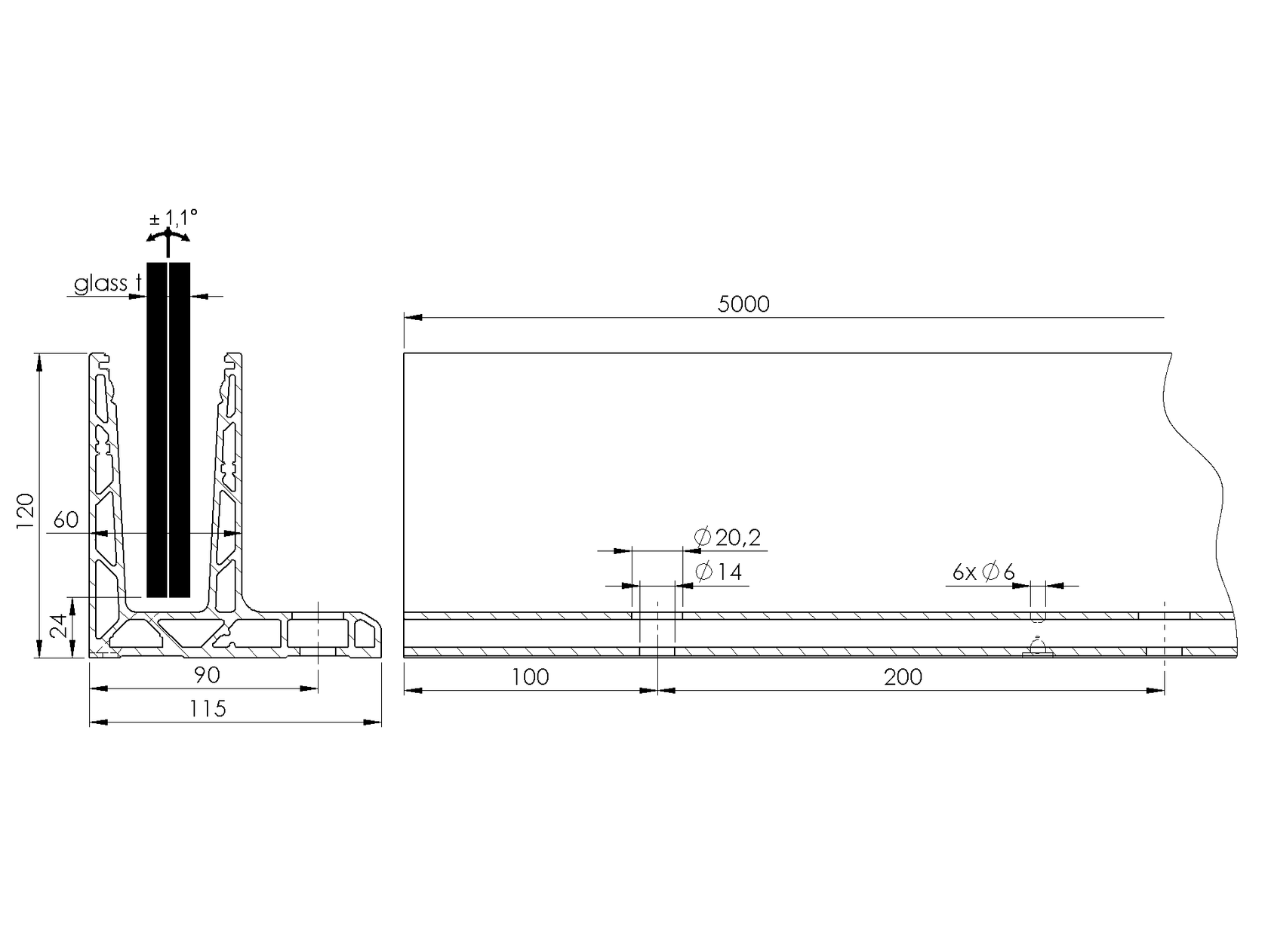 Aluprofil für Ganzglasgeländer - Oberverankerung