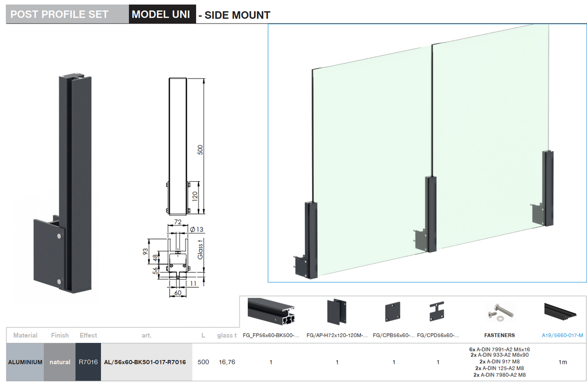 Set Aluminiumpfosten 56×60 - 0,5m, Seitenbefestigung mit Abdeckungen, durchgehend - Anthrazit RAL 7016