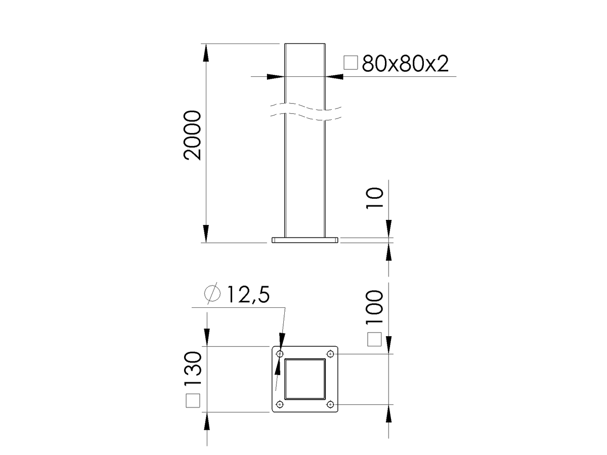 Stĺp nerezový 80x80-2000, s kotviacou prírubou, Antracit RAL 7016