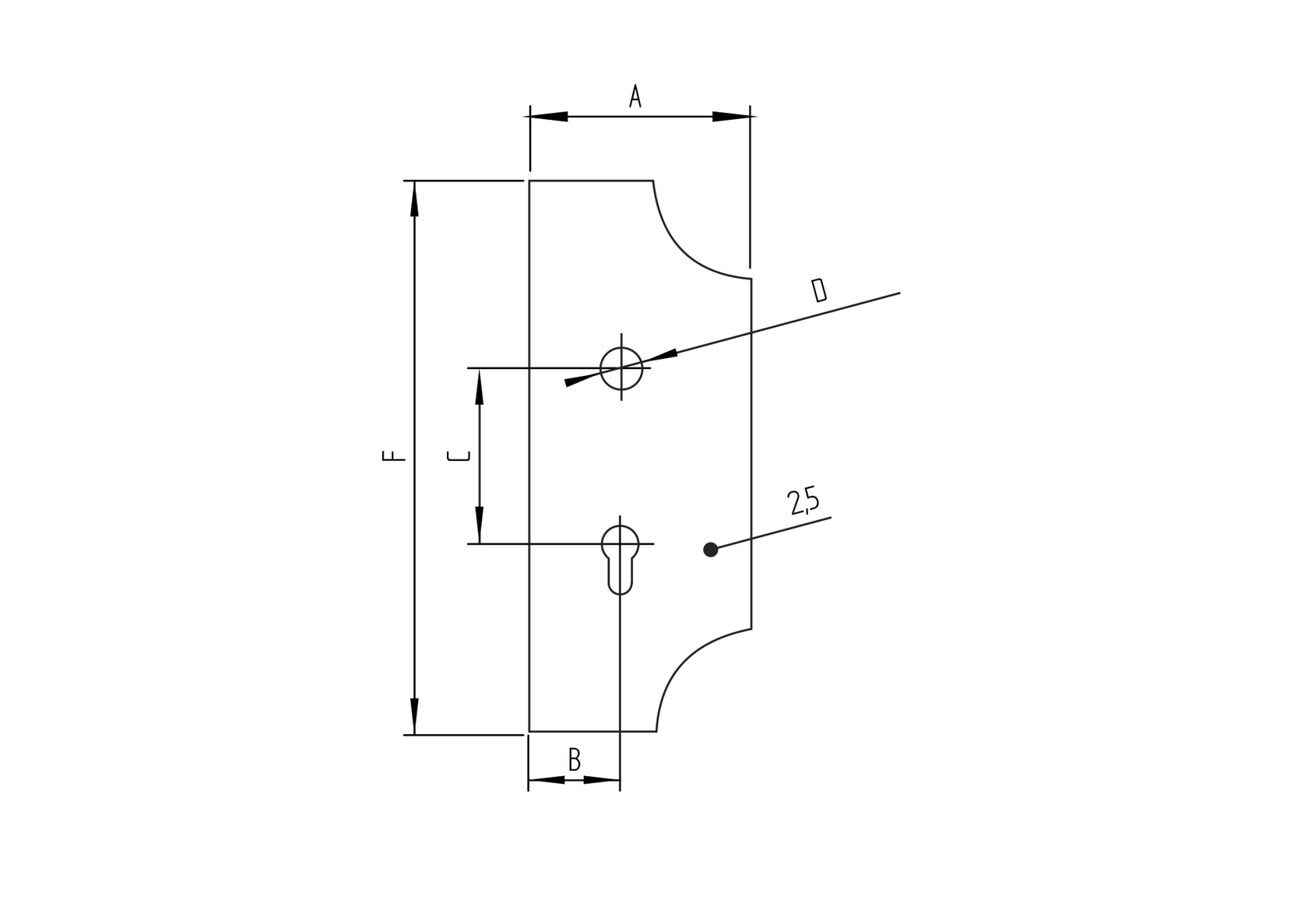 Schlossplatte – links 285x112, t2,5 d20mm, 90mm