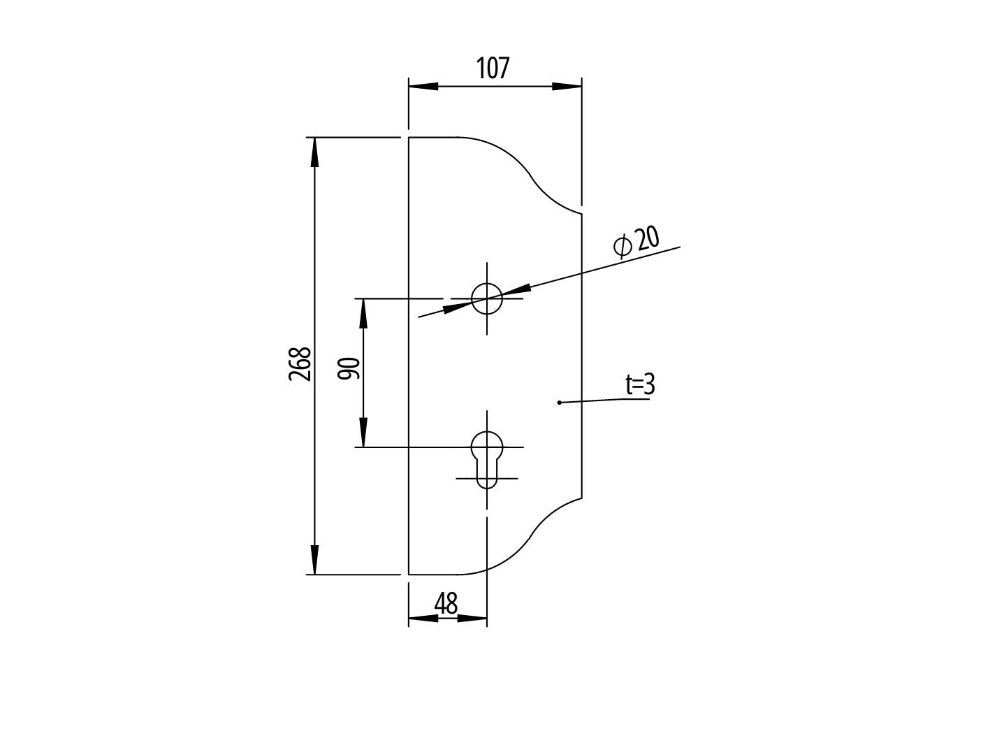 Schlossplatte - links 265x107, t3, a90, D20mm