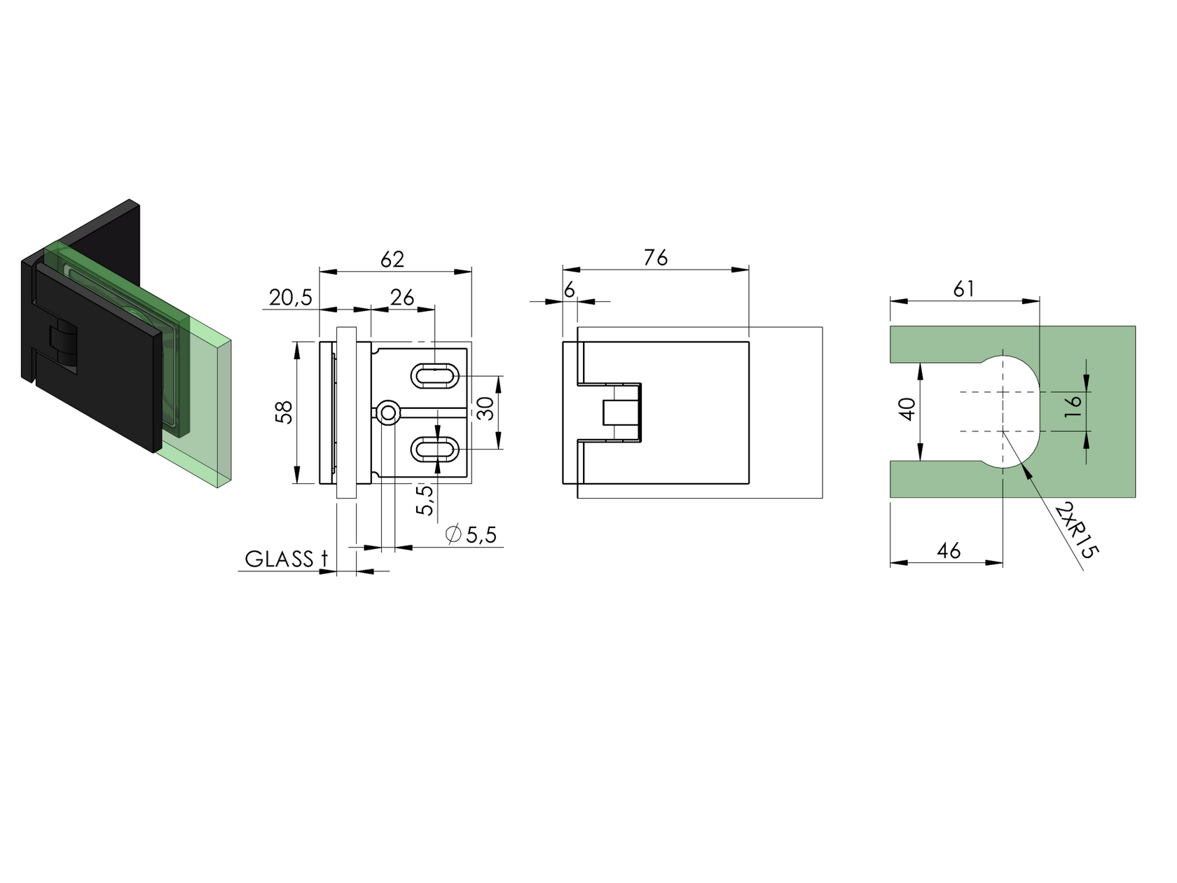 Glastürscharnier  +/- 90° - Montage Glas SwingPro