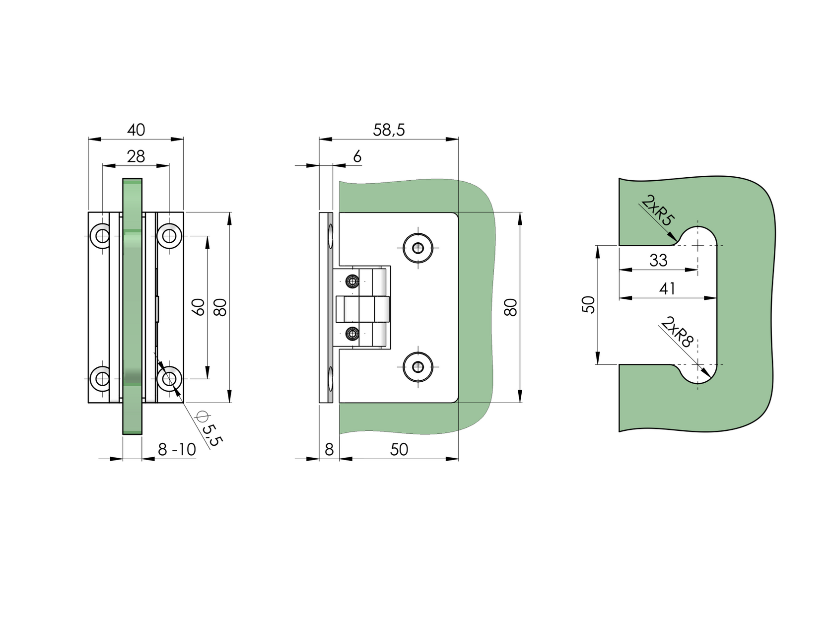 Glastürscharnier  +/- 90° - Montage Glas/Wand flex