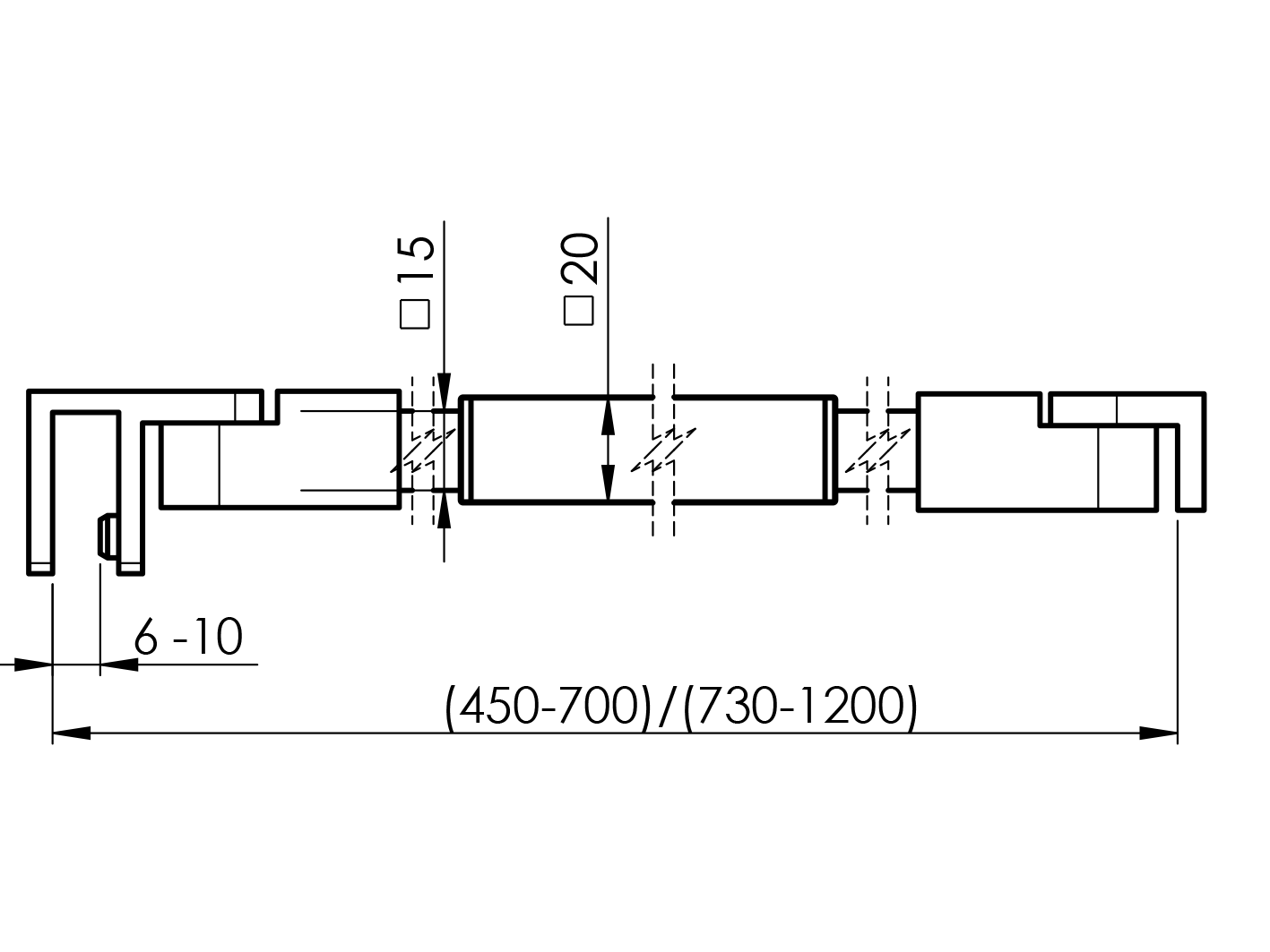 Stabilizačná tyč sklo-stena, L=730-1200 flex 20x20