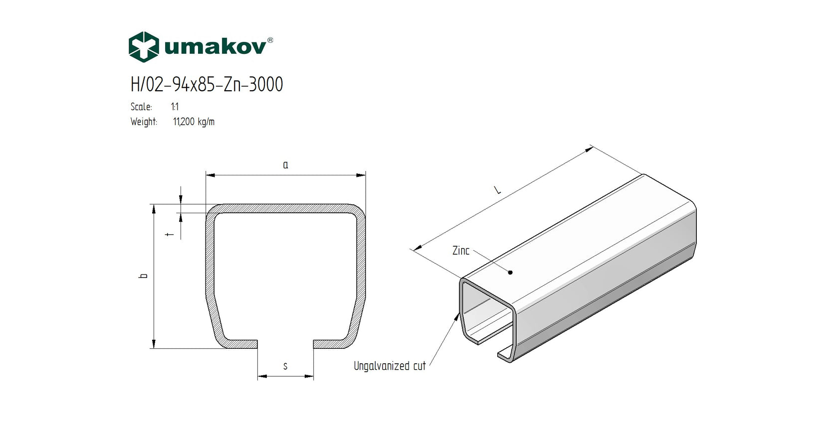 Profil vodiaci spodný Zn, 94x85x5mm, L3m