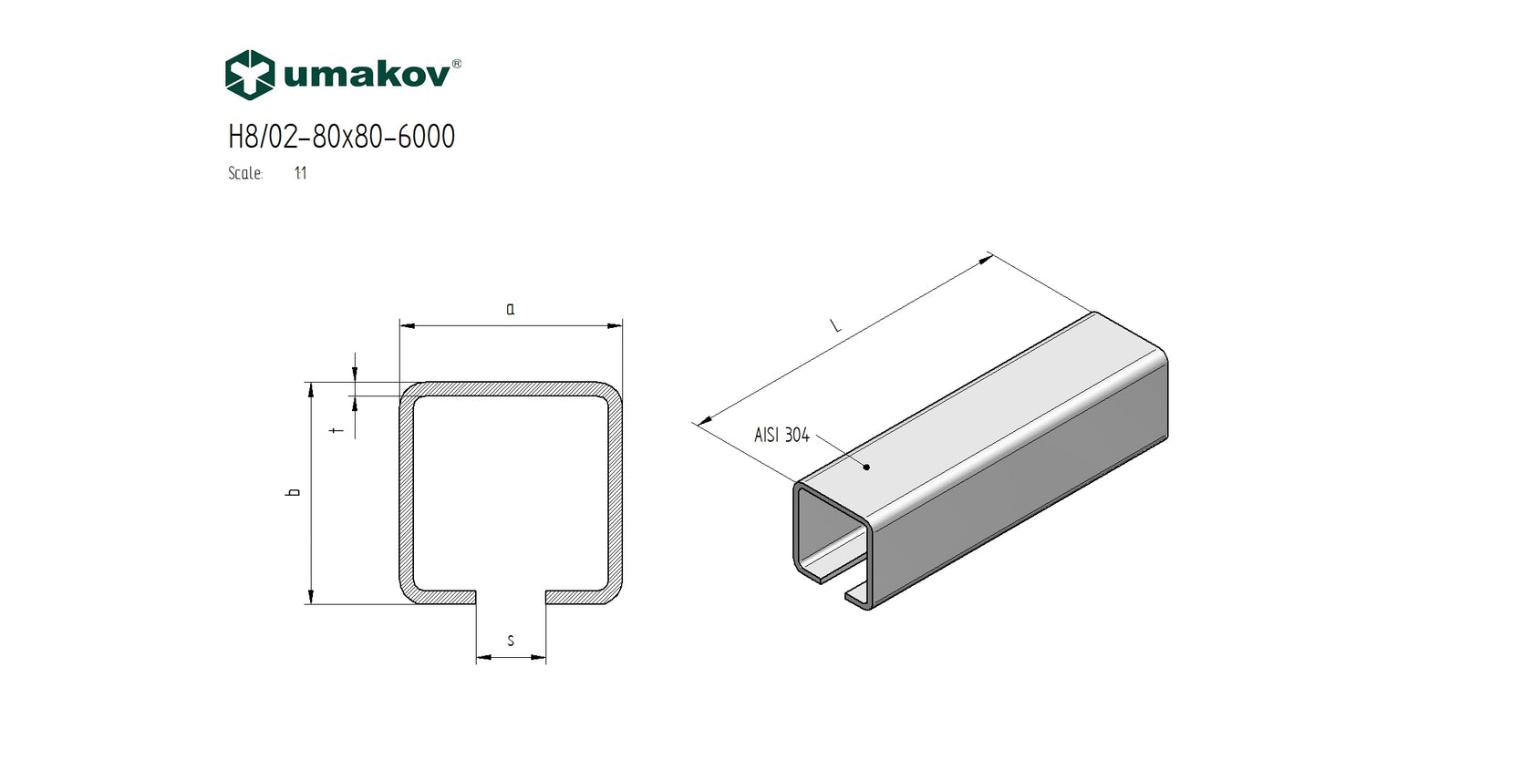 Profil vodiaci spodný INOX, 76x76x3mm, L6m