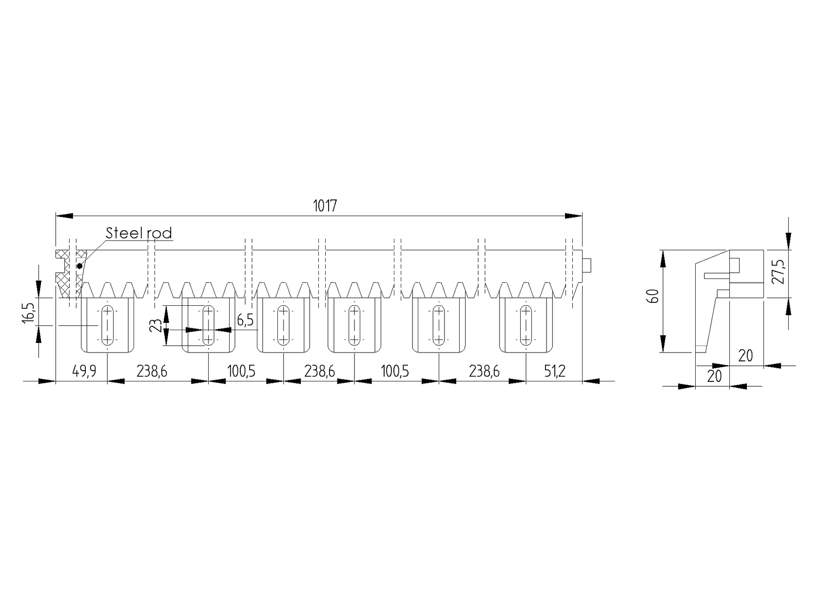 Kunststoffzahnstage mit Stahlkern PVC+Fe,27x20mm,L 1+1m