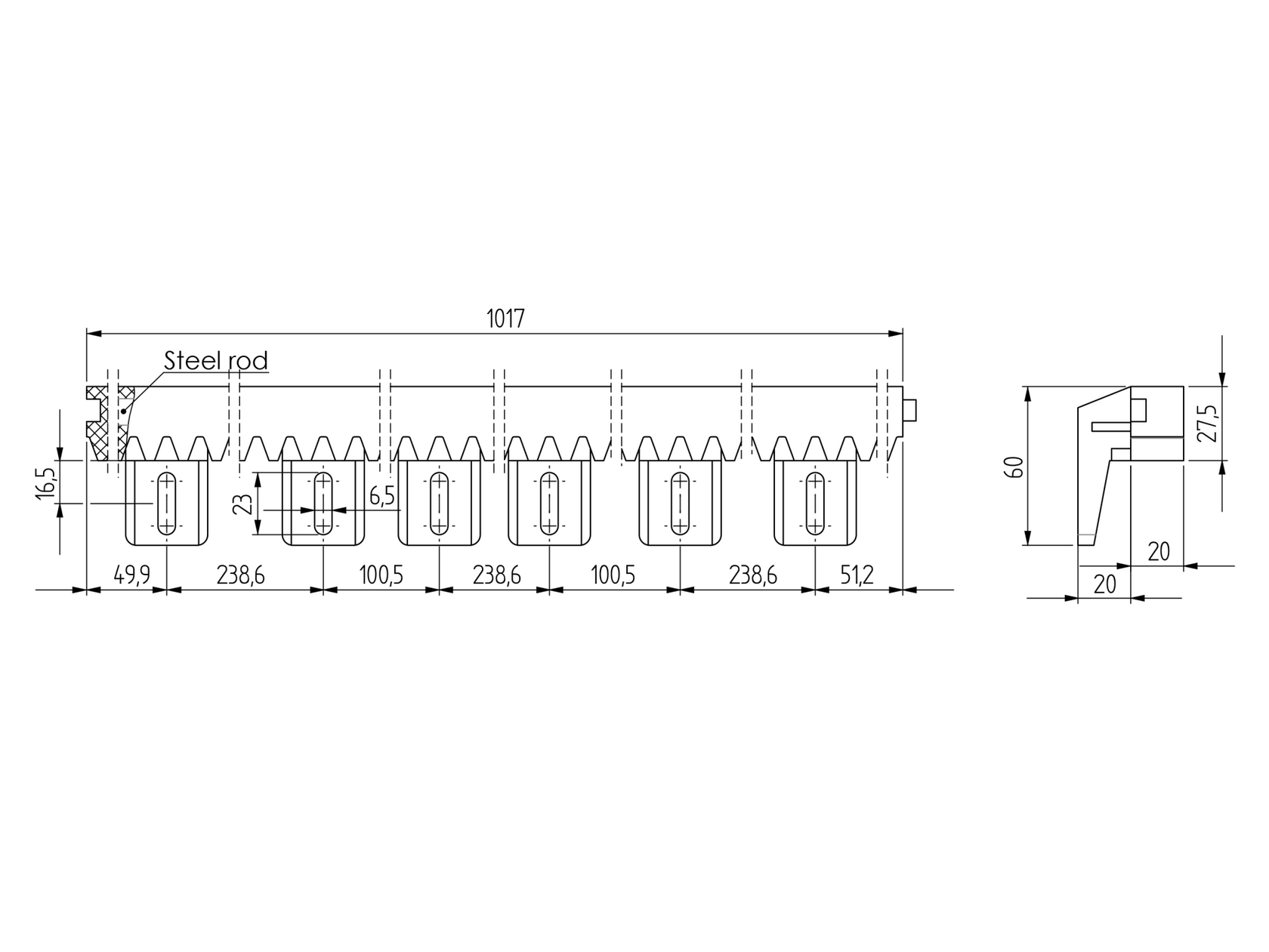 Kunststoffzahnstage mit Stahlkern PVC+Fe,27x20mm,L