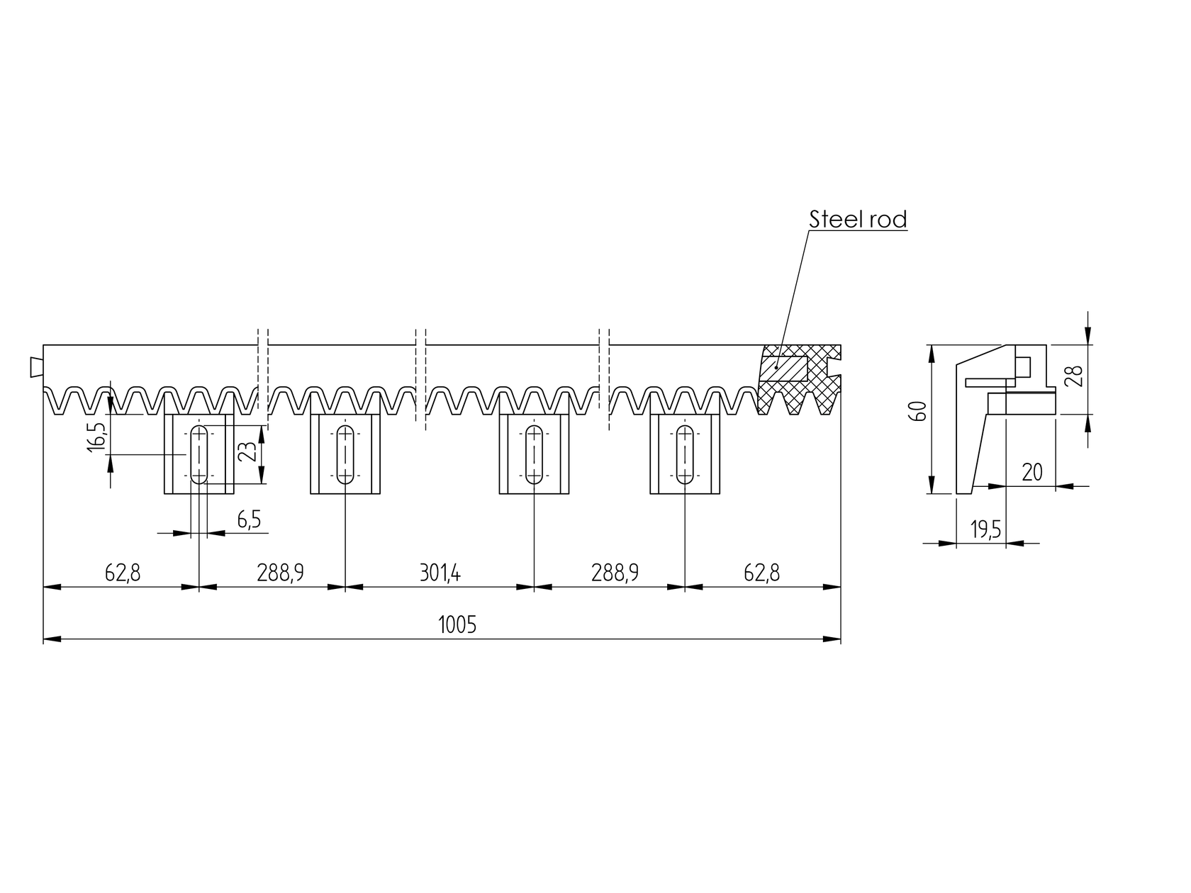 Kunststoffzahnstage mit Stahlkern, PVC+Fe,light, L 1+1m