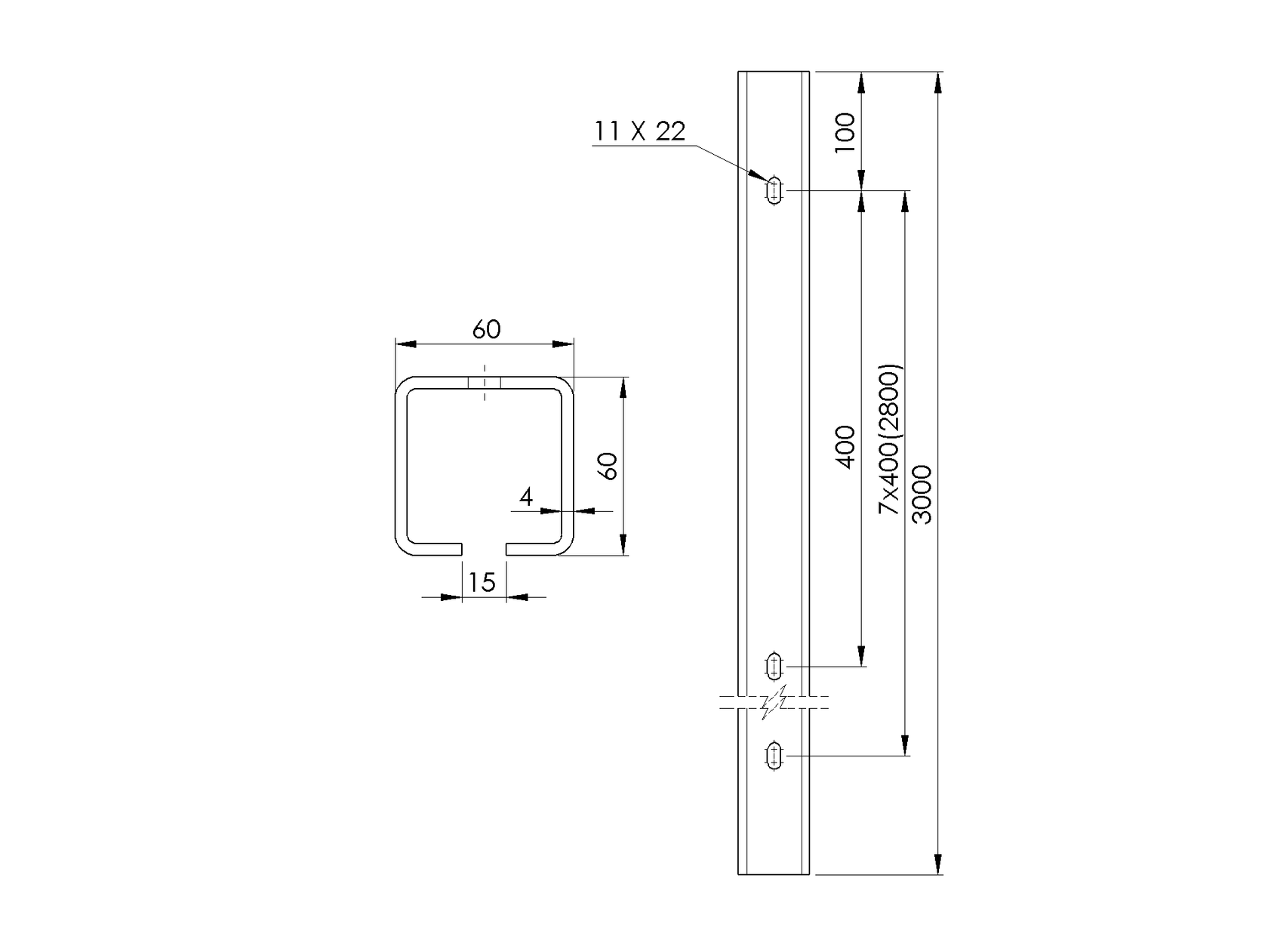 Profil vodiaci s otvormi Zn, 60x60x4mm, L3m