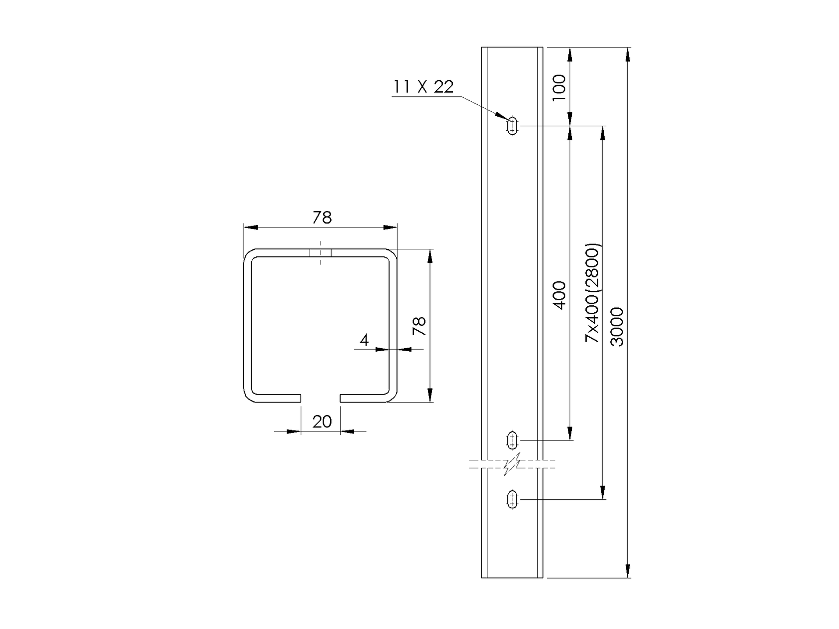 Führungsprofil mit Löchern Zn, 78x78x4mm, L3m
