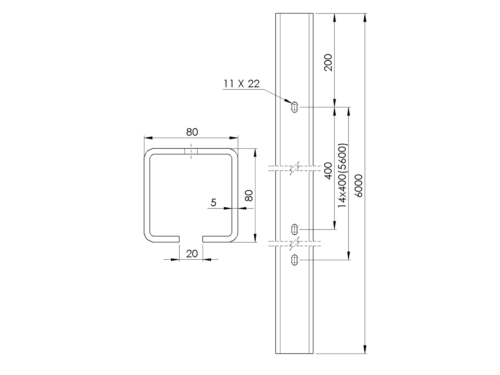 Profil vodiaci s otvormi Zn, 80x80x5mm, L6m