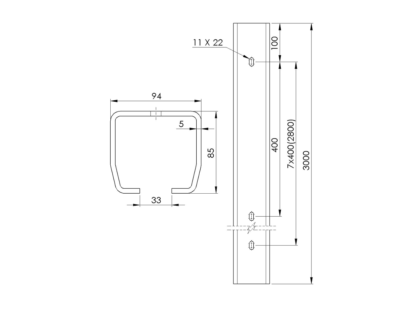 Profil vodiaci s otvormi Zn, 94x85x5mm, L3m