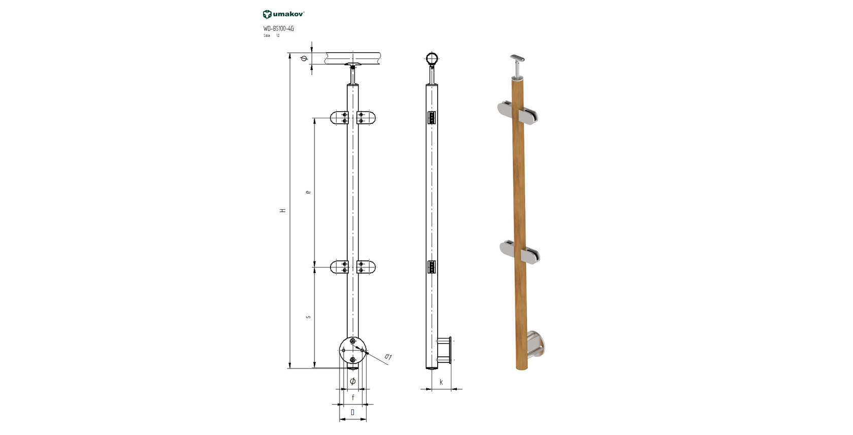 Stĺpik DUB D42,4 - 4xdržiak , v=100cm, BK-schod