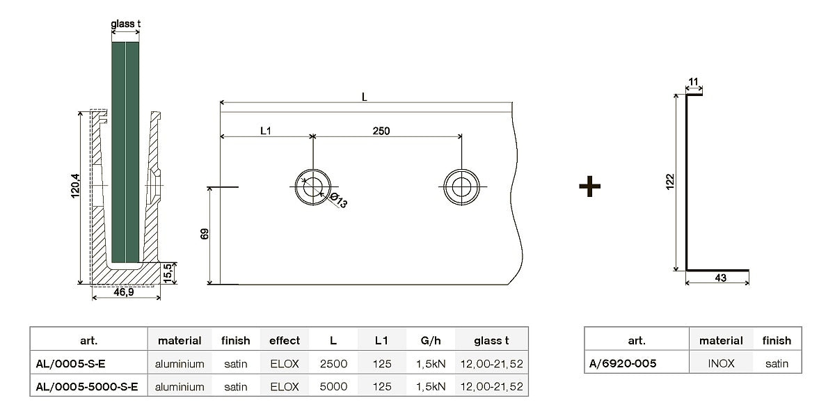 Seite Verankerung  SL- Glas, 122/43/