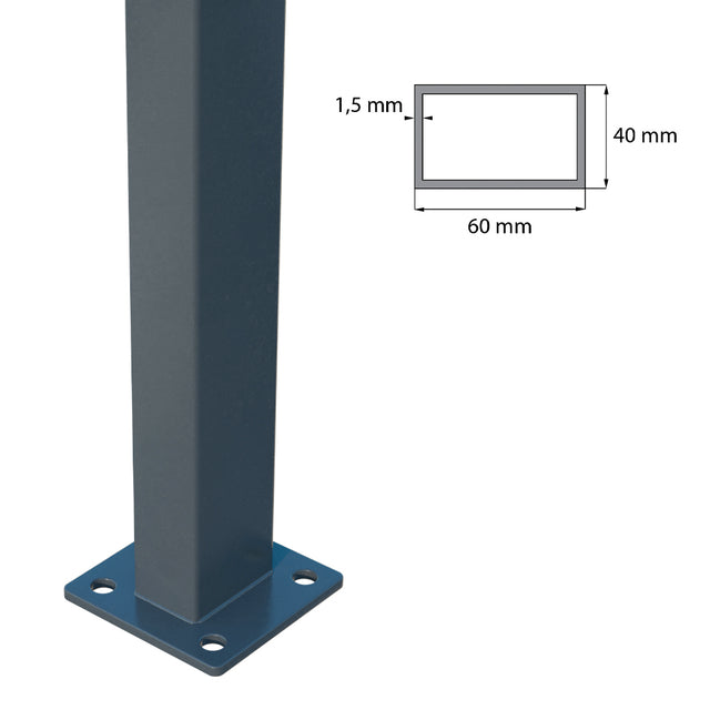 Verzinkter Pfosten 60x40mm mit Fußplatte und PVC-Kappe, 1400mm, Anthrazit RAL 7016