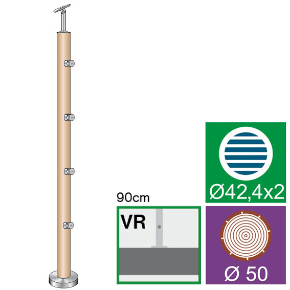 Pfosten, Buche, AISI304+BEECH, D50/4xd12mm, H900m