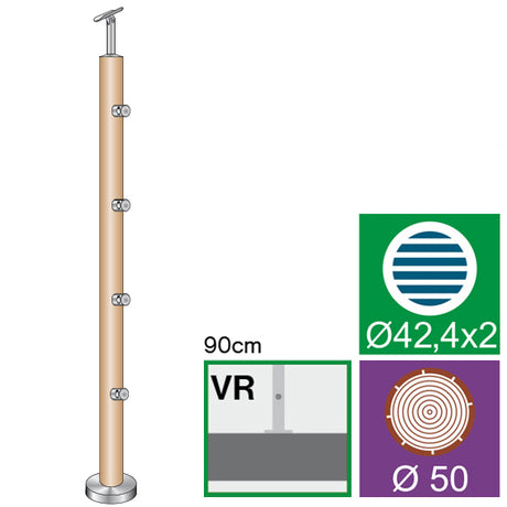 Pfosten, Buche, AISI304+BEECH, D50/4xd12mm, H900m